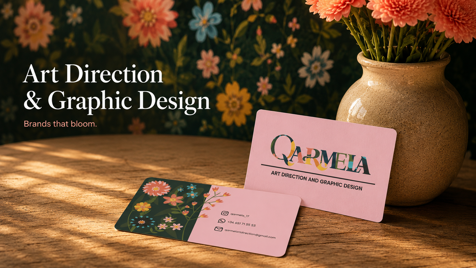 Qarmela — Art Direction & Graphic Design — branded business cards on a warm wood table with botanical wallpaper and coral flowers in the background