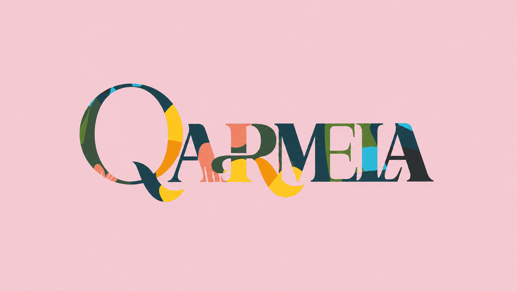 Qarmela — colorful botanical wordmark logo on soft pink background