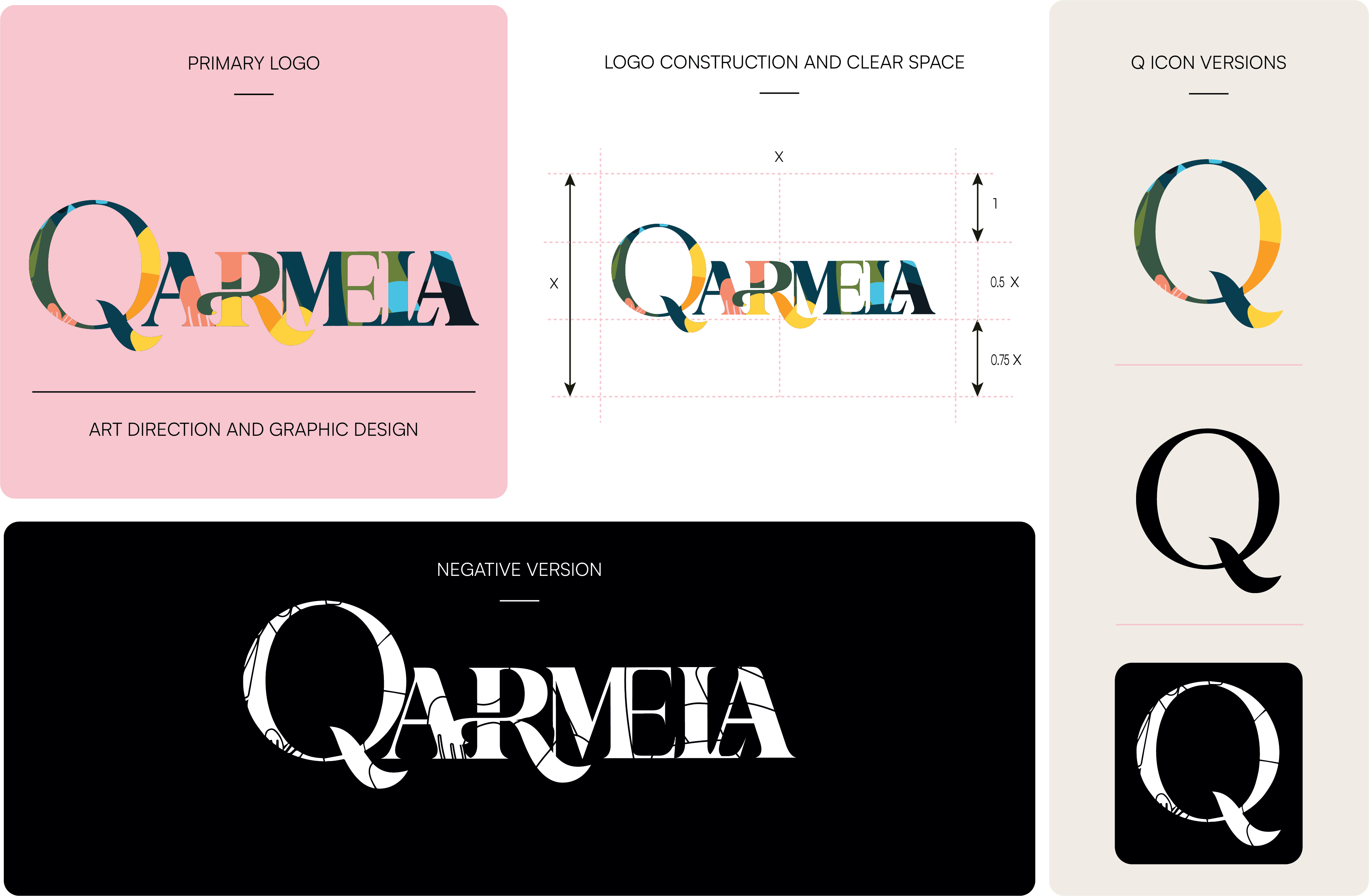Qarmela — brand guidelines showing primary logo on pink, logo construction and clear space, Q icon versions including negative on black